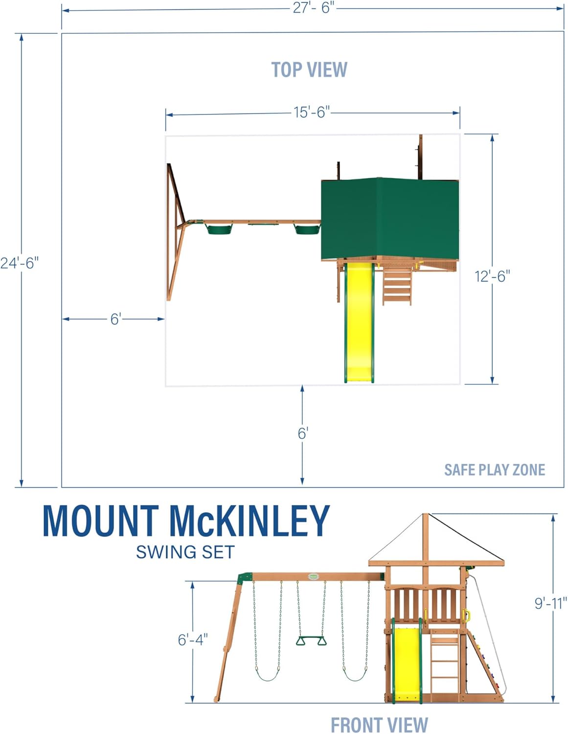 Cedar Wood Swing Set with Wave Slide, Play Deck, Double Rock Wall, Rope Ladder, Web Swing, Belt Swings, Toy Telescope, Steering Wheel, Sandbox Area, Outdoor Playset