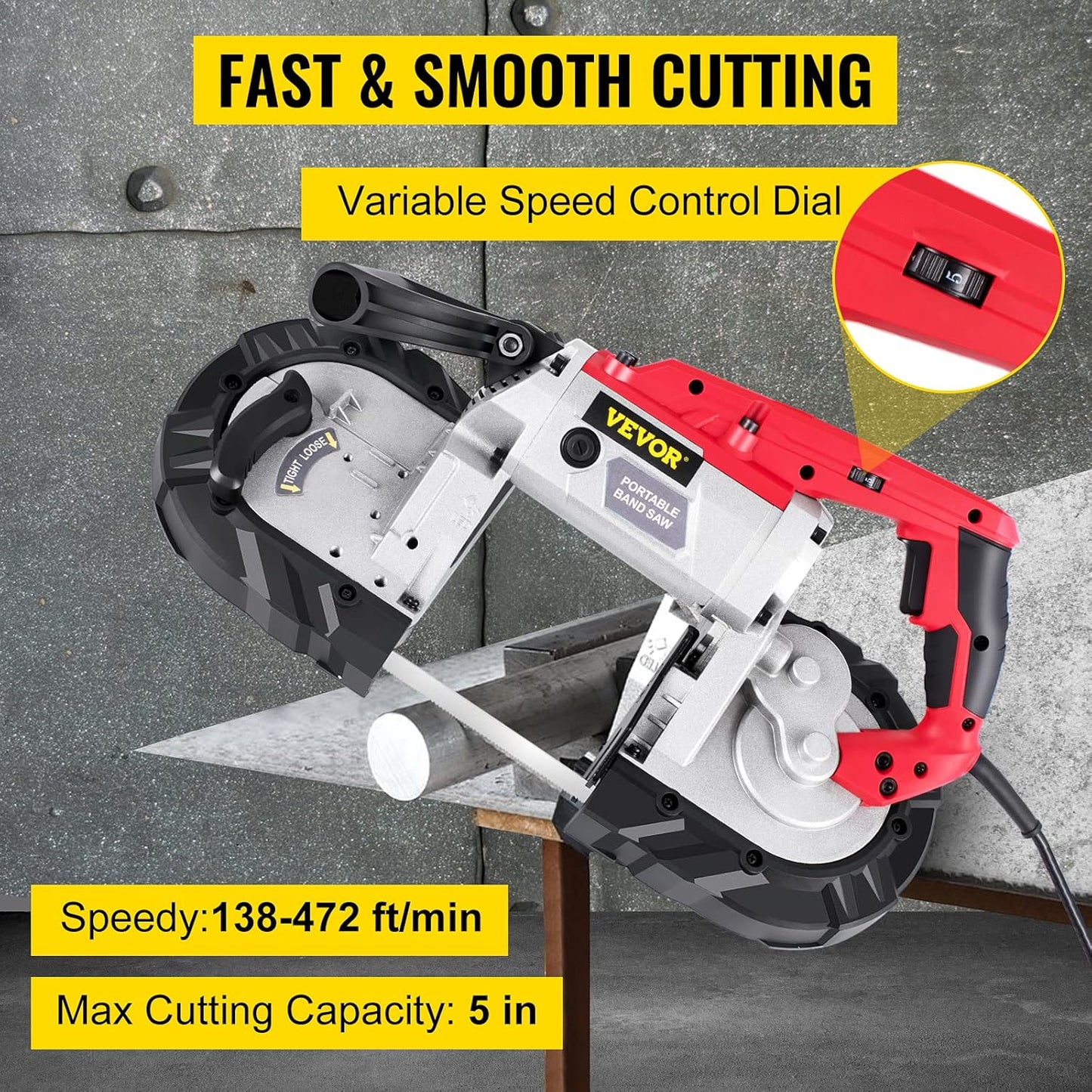 Portable Band Saw, 110V Removable Alloy Steel Base Corded Band Saw, 5 Inch Cutting Capacity Hand held Band Saw,Variable Speed Portable Bandsaw, 10Amp Motor Deep Cut Band saw for Metal Wood