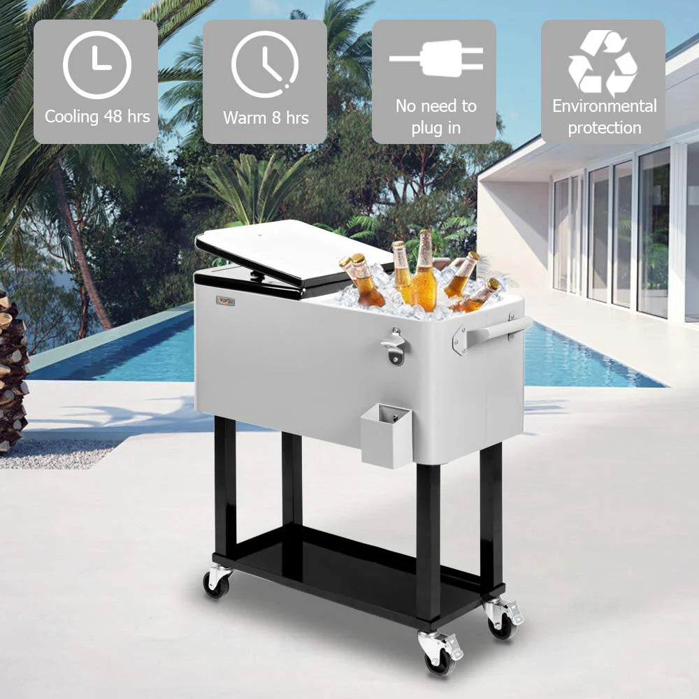Portable 80 Quart Rolling Ice Chest with Shelf