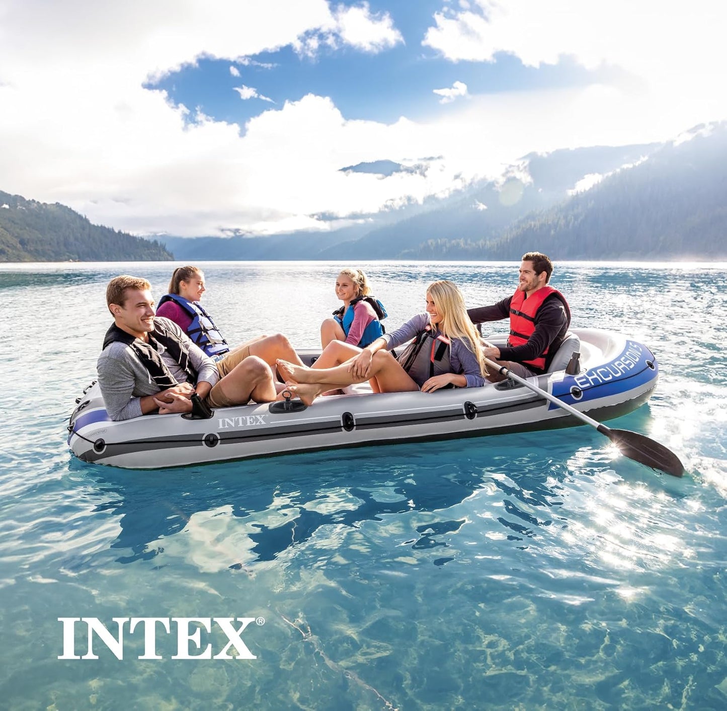 Excursion Inflatable Boat Series: Includes Deluxe 54in Boat Oars and High-Output Pump �� SuperTough PVC �� Adjustable Seats with Backrest �� Fishing Rod Holders �� Welded Oar Locks
