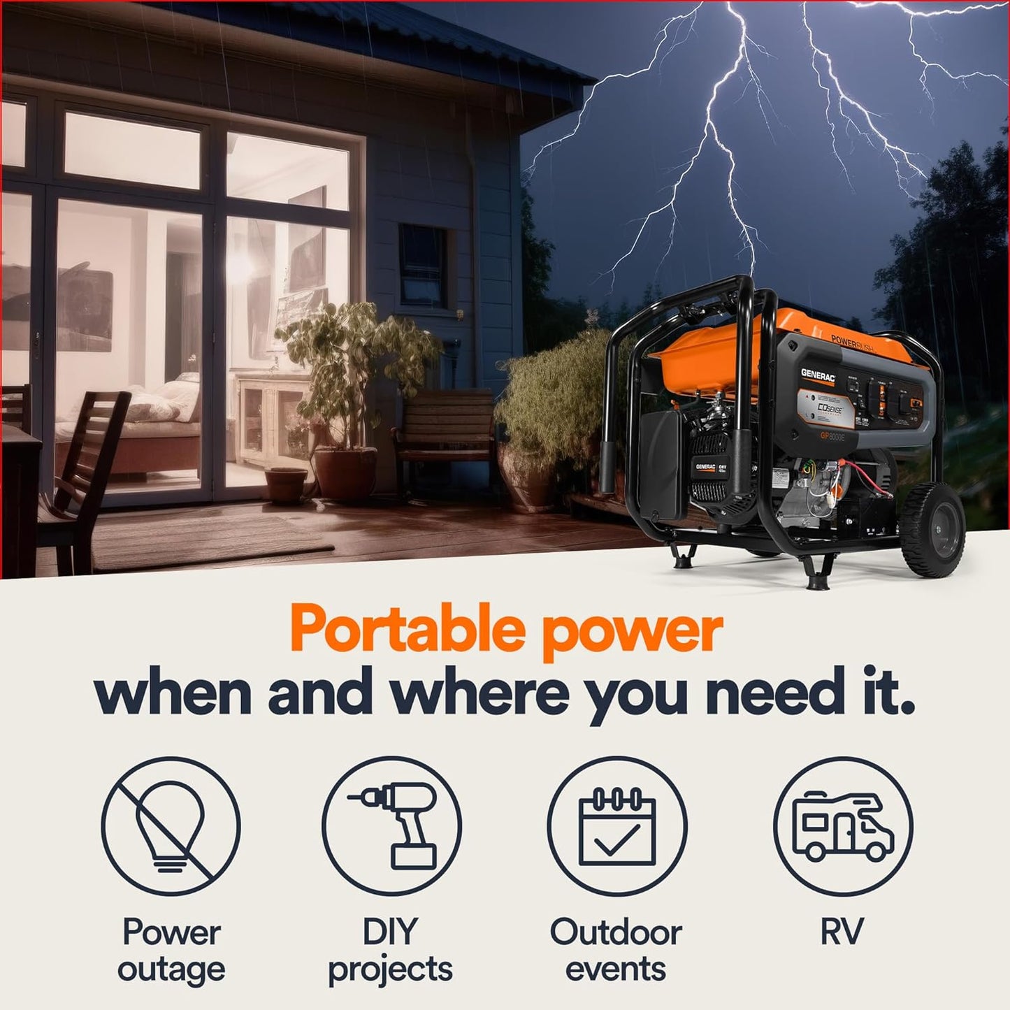 8,000-Watt Gas-Powered Portable Generator - Electric Start with COsense - PowerRush Advanced Technology - Reliable Power for Emergencies, Recreation, Home - 49 State Compliant - Orange/Black