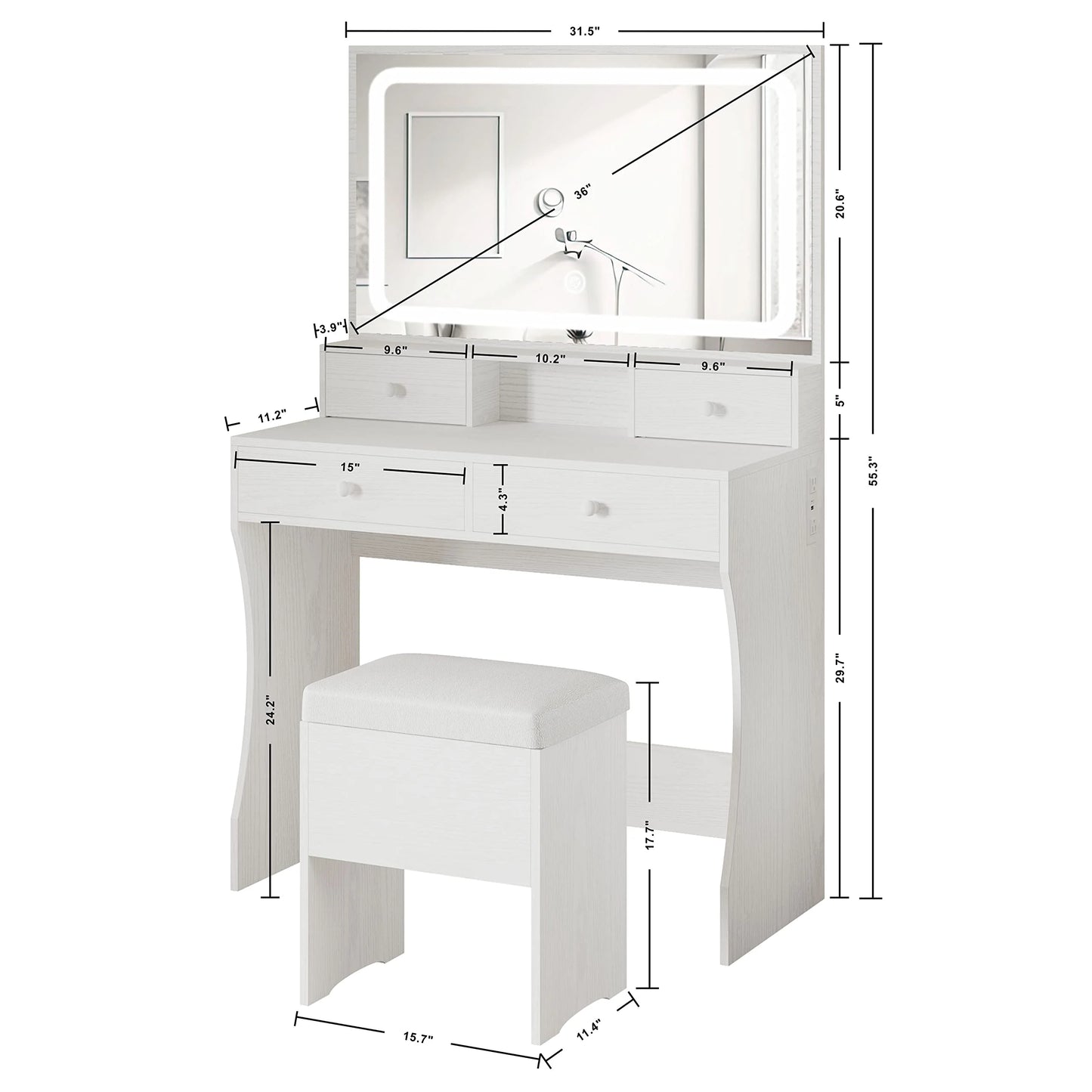 IRONCK Vanity Desk Set with LED Lighted Mirror & Power Outlet