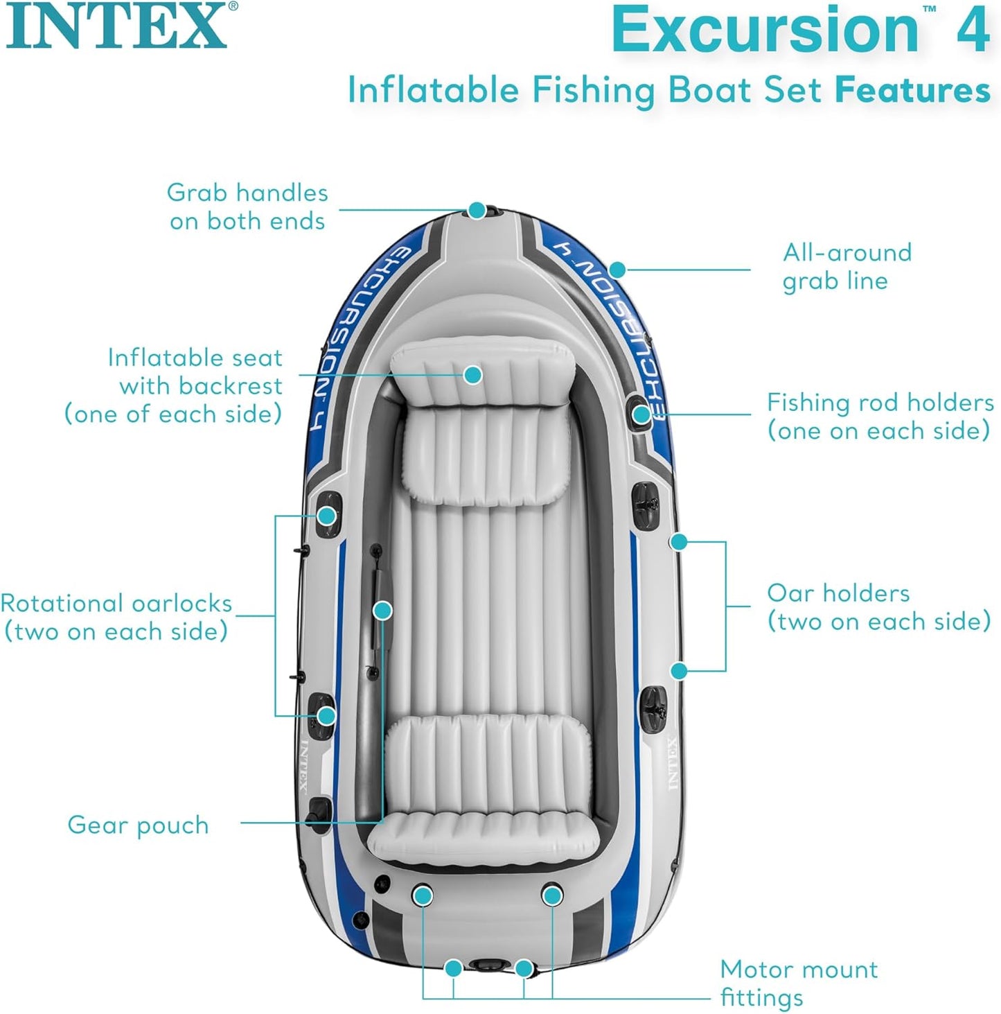 Excursion Inflatable Boat Series: Includes Deluxe 54in Boat Oars and High-Output Pump �� SuperTough PVC �� Adjustable Seats with Backrest �� Fishing Rod Holders �� Welded Oar Locks