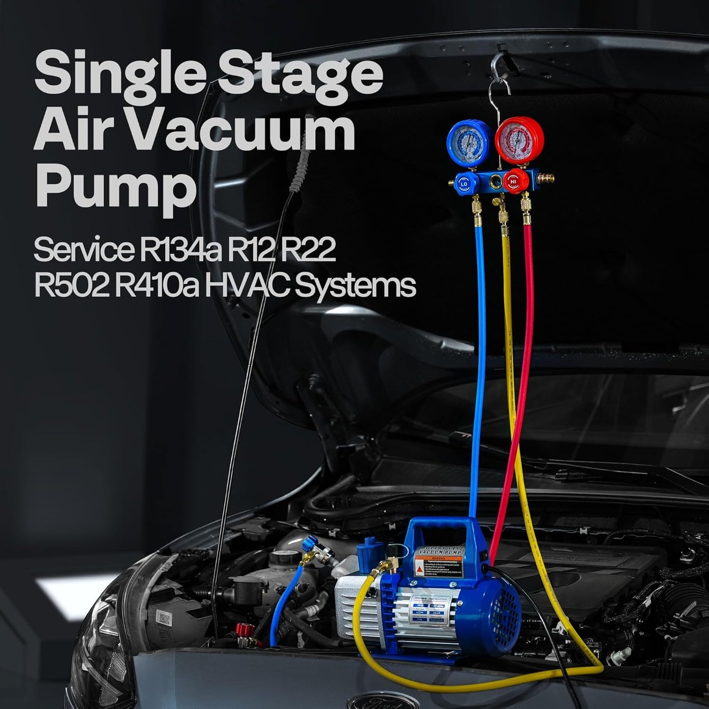 110V 1/4 HP 3.5CFM Single Stage Rotary Vane Air Vacuum Pump and AC Manifold Gauge Set Kit with Thermometer for R134a R12 R22 R502 R410a HVAC Air Conditioning Refrigeration Recharging Red