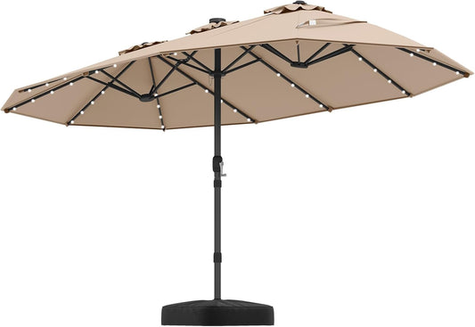 15-foot double-sided courtyard sunshade umbrella, equipped with solar lights, large-sized canopy / with 48 built-in LED lights and an automatic charging solar panel, outdoor double-person market sunshade umbrella, with heavy-duty base support支架