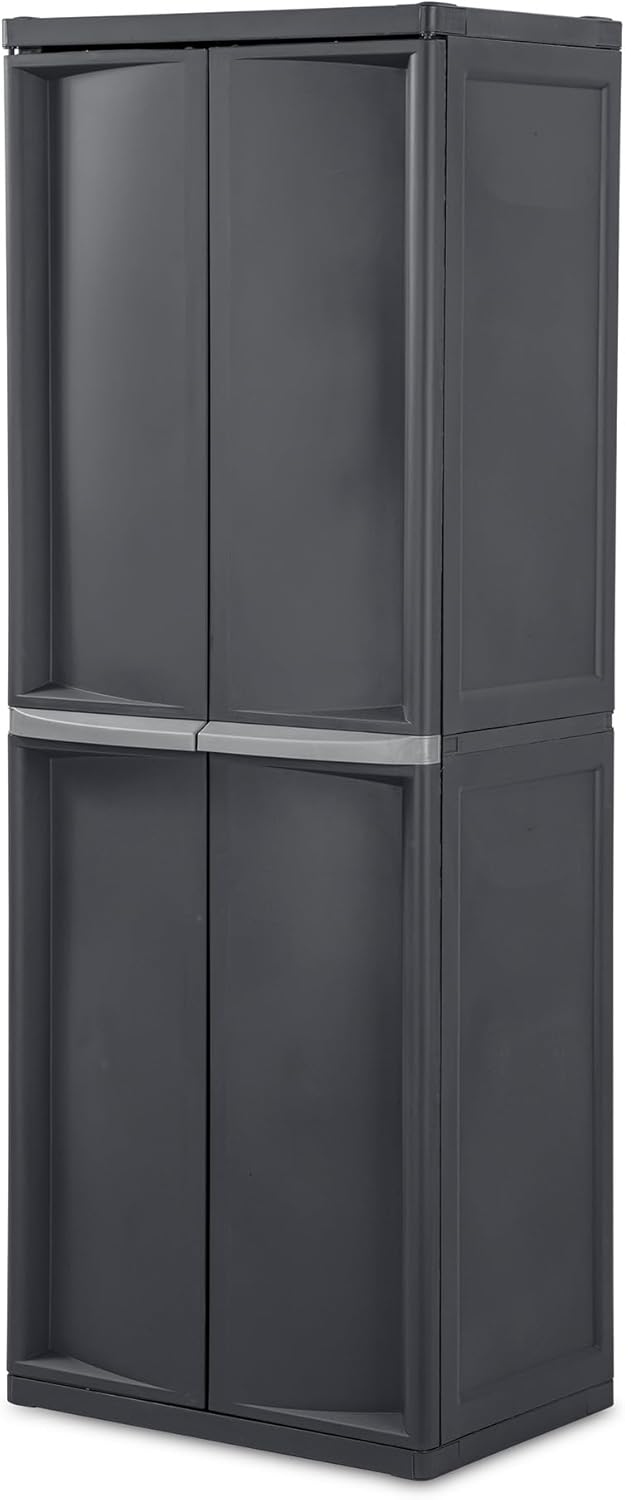 Storage Cabinet, Rugged Plastic Garage Organizer with Double Doors, 4 Adjustable Shelves, Gray