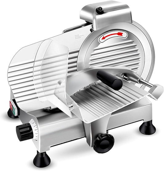 10-inch commercial meat cutter, 240-watt frozen meat, cheese and deli food cutter, high-quality chrome-plated steel blade semi-automatic food cutter, suitable for both commercial and household use, with low noise.