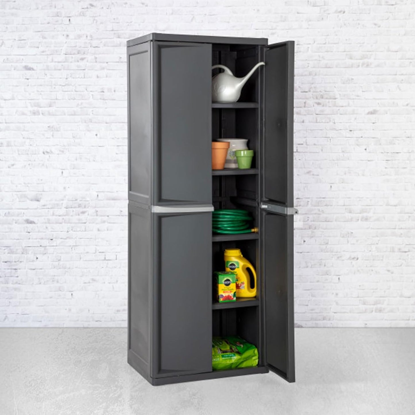 Storage Cabinet, Rugged Plastic Garage Organizer with Double Doors, 4 Adjustable Shelves, Gray