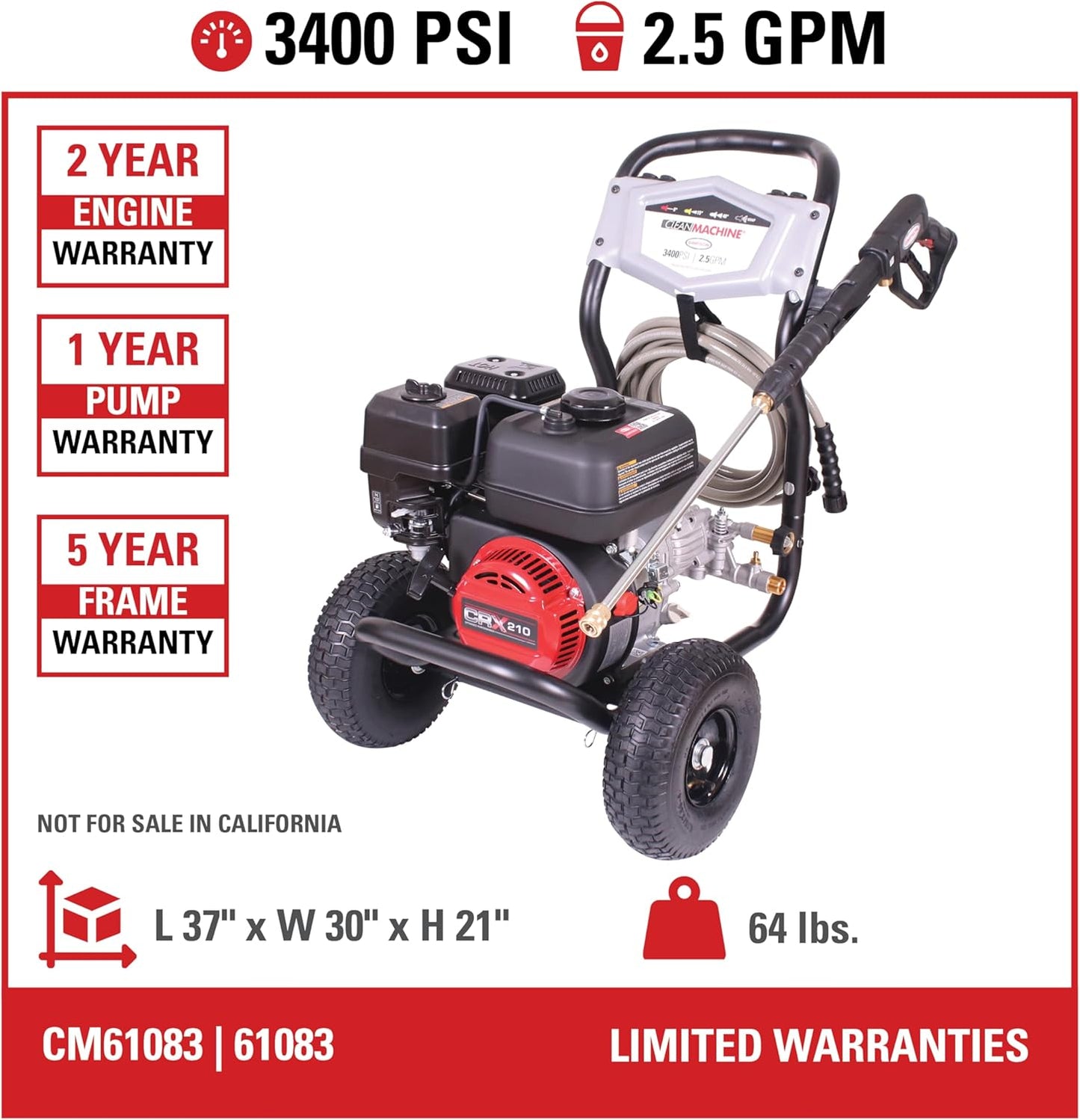Cleaning CM61083 Clean Machine 3400 PSI Gas Pressure Washer, 2.5 GPM, CRX Engine, Includes Spray Gun and Wand, 4 QC Nozzle Tips, 5/16-in. x 25-ft. MorFlex Hose.