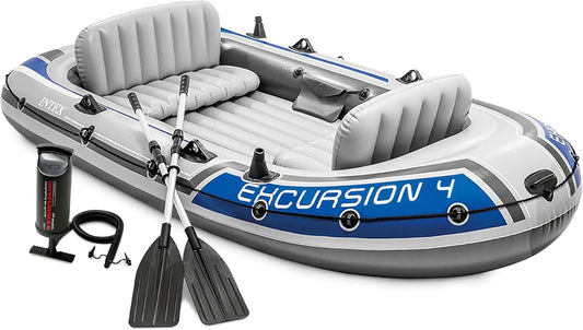 Excursion Inflatable Boat Series: Includes Deluxe 54in Boat Oars and High-Output Pump �� SuperTough PVC �� Adjustable Seats with Backrest �� Fishing Rod Holders �� Welded Oar Locks