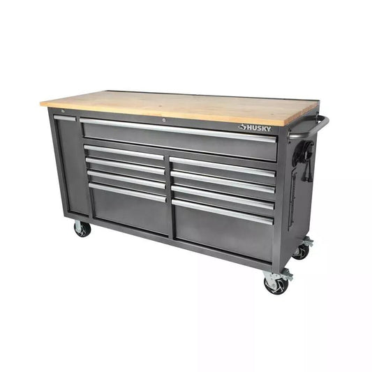 Husky 72 in. x 24 in. D Standard Duty 18-Drawer Mobile Workbench Tool Chest with Solid Wood Top in Stainless Steel