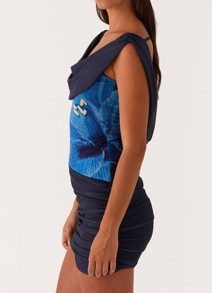 Amata Navy Off-Shoulder Cowl Mini Dress