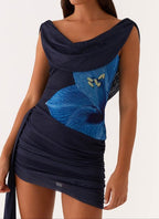 Amata Navy Off-Shoulder Cowl Mini Dress