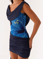 Amata Navy Off-Shoulder Cowl Mini Dress