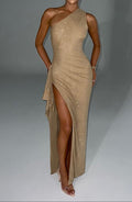 Andromeda Gold Sparkle One-Shoulder Gown
