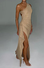 Andromeda Gold Sparkle One-Shoulder Gown