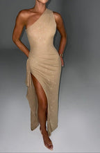 Andromeda Gold Sparkle One-Shoulder Gown