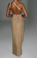 Andromeda Gold Sparkle One-Shoulder Gown