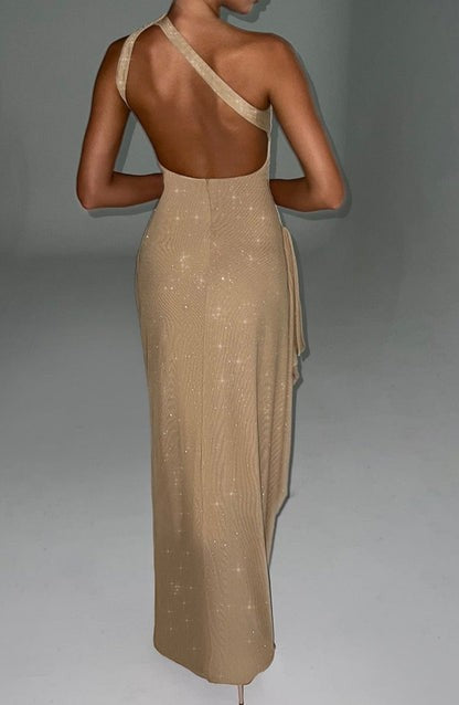 Andromeda Gold Sparkle One-Shoulder Gown