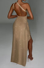 Andromeda Gold Sparkle One-Shoulder Gown