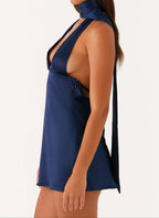 Navy Satin Halter Cowl-Back Mini Dress