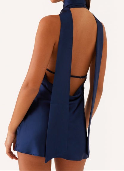 Navy Satin Halter Cowl-Back Mini Dress