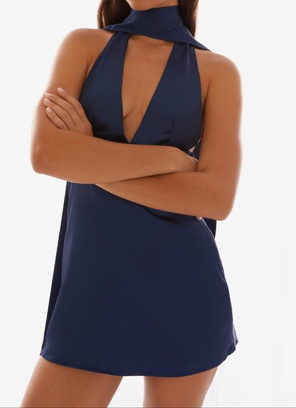 Navy Satin Halter Cowl-Back Mini Dress