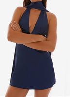 Navy Satin Halter Cowl-Back Mini Dress