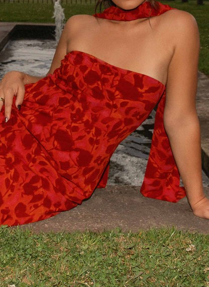 Pagoda Rouge Strapless Print Maxi